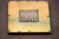 Detailed close-up of a computer processor resting on a black surface highlighting its intricate design and pin layout Royalty Free Stock Photo