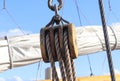 Detailed close up detail of ropes and cordage in the rigging of an old wooden vintage sailboat Royalty Free Stock Photo