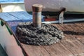 Detailed close up detail of ropes and cordage in the rigging of an old wooden vintage sailboat Royalty Free Stock Photo