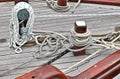 Detailed close up detail of ropes and cordage in the rigging of an old wooden vintage sailboat Royalty Free Stock Photo