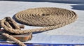 Detailed close up detail of ropes and cordage in the rigging of an old wooden vintage sailboat Royalty Free Stock Photo