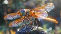 Detailed close up dragonfly with iridescent wings in ultra realistic photographic style