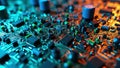 Detailed close up of electronic computer circuit board with integrated microchips and components Royalty Free Stock Photo