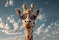 Close Up Of A Giraffe Wearing Sunglasses Against A Cloudy Blue Sky Royalty Free Stock Photo