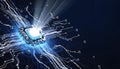 Detailed close-up of a glowing blue central processing unit chip with radiating light and intricate circuit board pathways Royalty Free Stock Photo