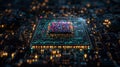A detailed close-up of a glowing microchip embedded on a circuit board, representing advanced technology, computing.