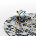 Golden Quantum Computing Chip on Futuristic Circuit Board Royalty Free Stock Photo