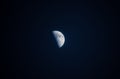 Detailed close up of a half moon on navy blue background with copy space. Royalty Free Stock Photo