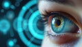 Detailed close-up human eye with superimposed circular graphical elements, vision analysis, ophthalmology diagnostic tech. Eye Royalty Free Stock Photo