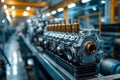 Detailed close-up image of an automobile internal combustion engine in the assembly shop of car factory. Use of modern