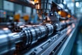 Detailed close-up image of an automobile internal combustion engine in the assembly shop of car factory. Use of modern