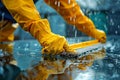 Professional window cleaner using squeegee in rain, close-up view Royalty Free Stock Photo