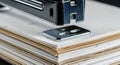 Close-up of Metal Stapler on Stack of Papers for Office Work and Document Organization Royalty Free Stock Photo