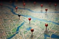 A detailed close-up image featuring a map covered in pins for precise location marking and convenient navigation, Location marking