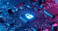 Close up view of a computer processor chip with data security lock symbol on integrated circuit board Royalty Free Stock Photo