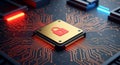 Close up view of golden central processing unit with lock symbol on computer motherboard circuit board Royalty Free Stock Photo