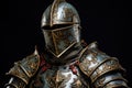 A detailed close-up of an individual wearing medieval armor, demonstrating the intricate craftsmanship and protective qualities of