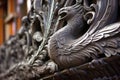 a detailed close-up of intricate carvings on a viking ships prow