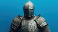 Detailed Close-Up of an Intricately Designed Medieval Knight\'s Armor with a Majestic Helmet Against a Soft Blue Background Royalty Free Stock Photo