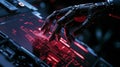 Robotic Hand Touching Red Futuristic Cybersecurity Control Screen : Glowing circuit visualizes security and data protection. Royalty Free Stock Photo