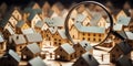 Detailed close-up of miniature cardboard houses viewed through a magnifying glass representing real estate analysis or property