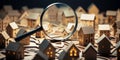 Detailed close-up of miniature cardboard houses viewed through a magnifying glass representing real estate analysis or property