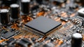 Detailed close-up of a modern microchip mounted on a circuit board with glowing orange pathways and surrounding electronic Royalty Free Stock Photo
