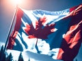 Detailed close up of the national flag of Canada waving in the wind on a clear day. Democracy and politics. North american country