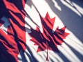 Detailed close up of the national flag of Canada waving in the wind on a clear day. Democracy and politics. North american country