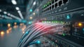 Close-up network switch with glowing cables in data center. AI Generated. Royalty Free Stock Photo