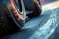 A detailed close-up photo showcasing the tire of a race car, A close-up view of racing tires gripping the tarmac during a sharp