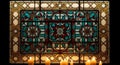 Close-up of a stained glass window with intricate geometric floral design illuminated by candlelight in a dark setting Royalty Free Stock Photo