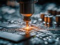 Detailed close-up of a precision machine engraving or soldering a glowing circuit board with complex electronic components and Royalty Free Stock Photo