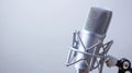 Detailed close up of professional studio condenser microphone ready for recording isolated against pristine solid white background Royalty Free Stock Photo
