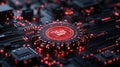 A detailed close-up of a red circuit board with a radiant central core, symbolizing advanced technology and digital progress