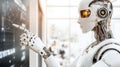 A detailed close-up of a robot using a marker to point at a blackboard, showcasing technology and education in a Royalty Free Stock Photo