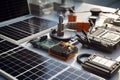 A detailed, close-up shot of essential solar energy components, such as photovoltaic cells, inverters, mounting systems,