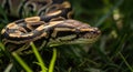 Close Up of a Ball Python Snake Head with Intricate Scale Patterns in Green Grass reptile Royalty Free Stock Photo
