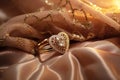 A detailed close-up shot showcasing the intricate beauty of a delicate ring placed on a smooth cloth, Close-up of a diamond