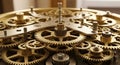Close-up of intricate clockwork mechanism with golden interlocking gears and cogs Royalty Free Stock Photo