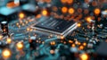 Close-Up View of a Microprocessor on a Circuit Board With Glowing Connections at Night