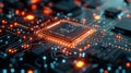 Close-Up View of a Microprocessor on a Circuit Board With Glowing Connections at Night