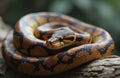 Detailed close-up shows coiled python reptile with intricate scale patterns resting on weathered wood log. Focus on snake head Royalty Free Stock Photo