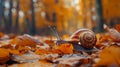 Detailed close up of a snail moving slowly in the serene and tranquil forest environment