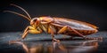 A detailed close-up study of a single cockroach specimen on a smooth, dark surface. Generative AI Royalty Free Stock Photo