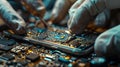 Detailed close-up of a technician's hands meticulously repairing a smartphone, showcasing precis