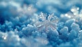 A detailed close-up of a unique snowflake crystal illuminated by soft blue light Royalty Free Stock Photo