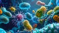 Close-up view of various bacteria and viruses in a dynamic microscopic environment Royalty Free Stock Photo
