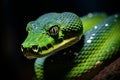 Detailed close-up of a vibrant green snake showcasing its unique scales and mesmerizing gaze