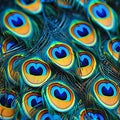 Detailed close up of vibrant peacock feathers for striking and colorful background display